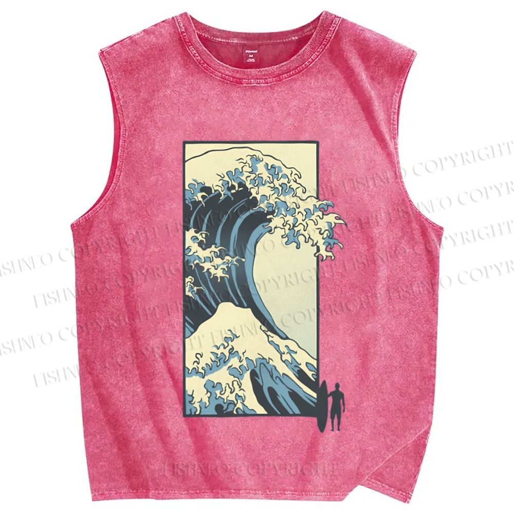 Unisex Japanese Art Wave Printed Washed Tank Top