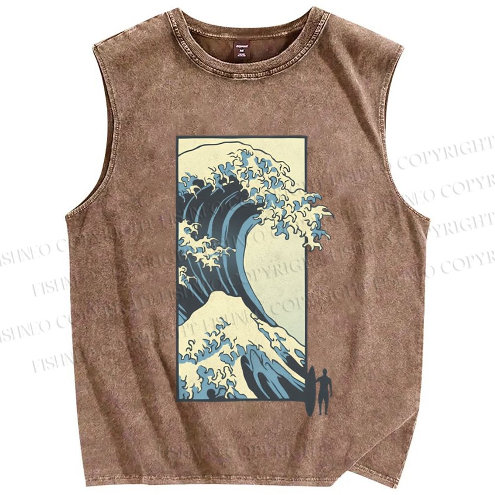 Unisex Japanese Art Wave Printed Washed Tank Top