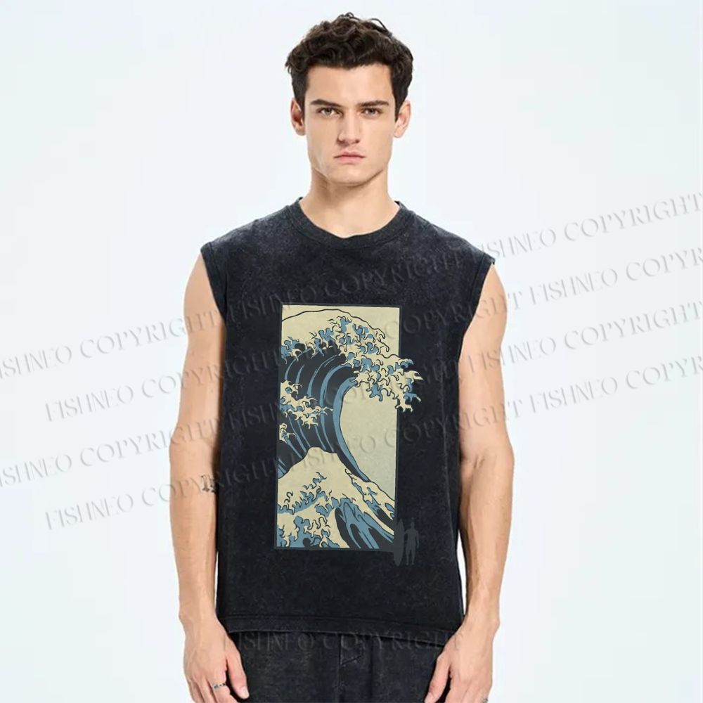 Unisex Japanese Art Wave Printed Washed Tank Top