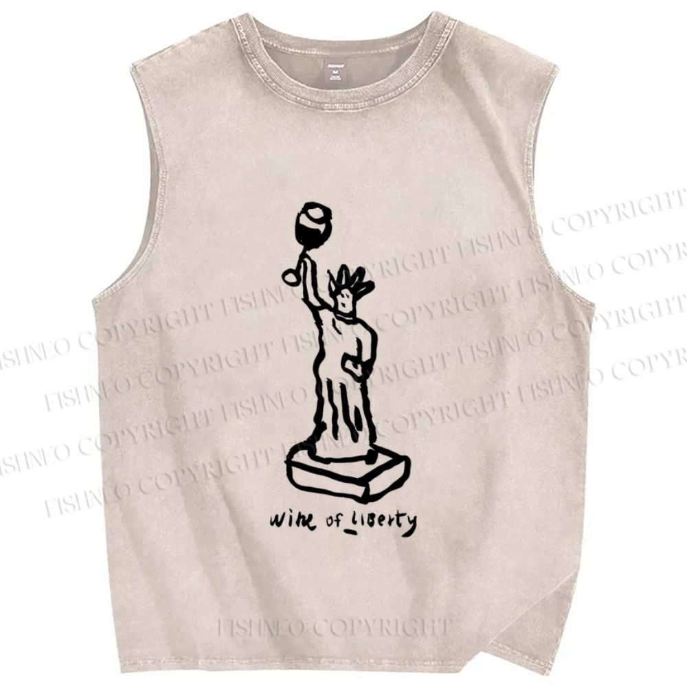 Unisex Funny Wine Liberty Printed Washed Tank Top