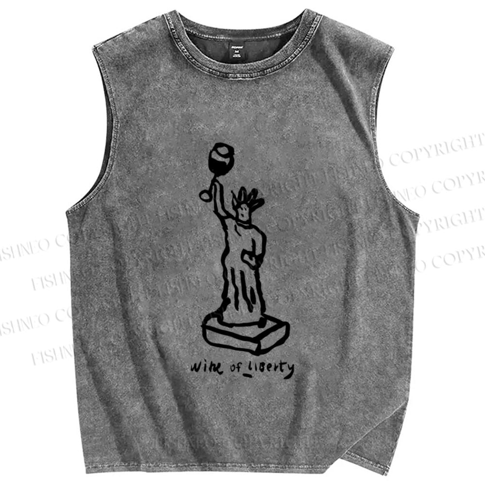 Unisex Funny Wine Liberty Printed Washed Tank Top