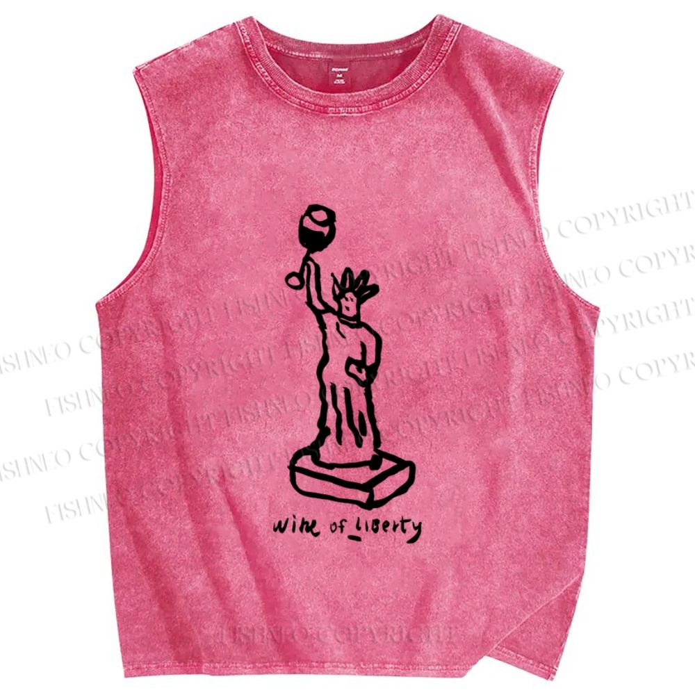 Unisex Funny Wine Liberty Printed Washed Tank Top