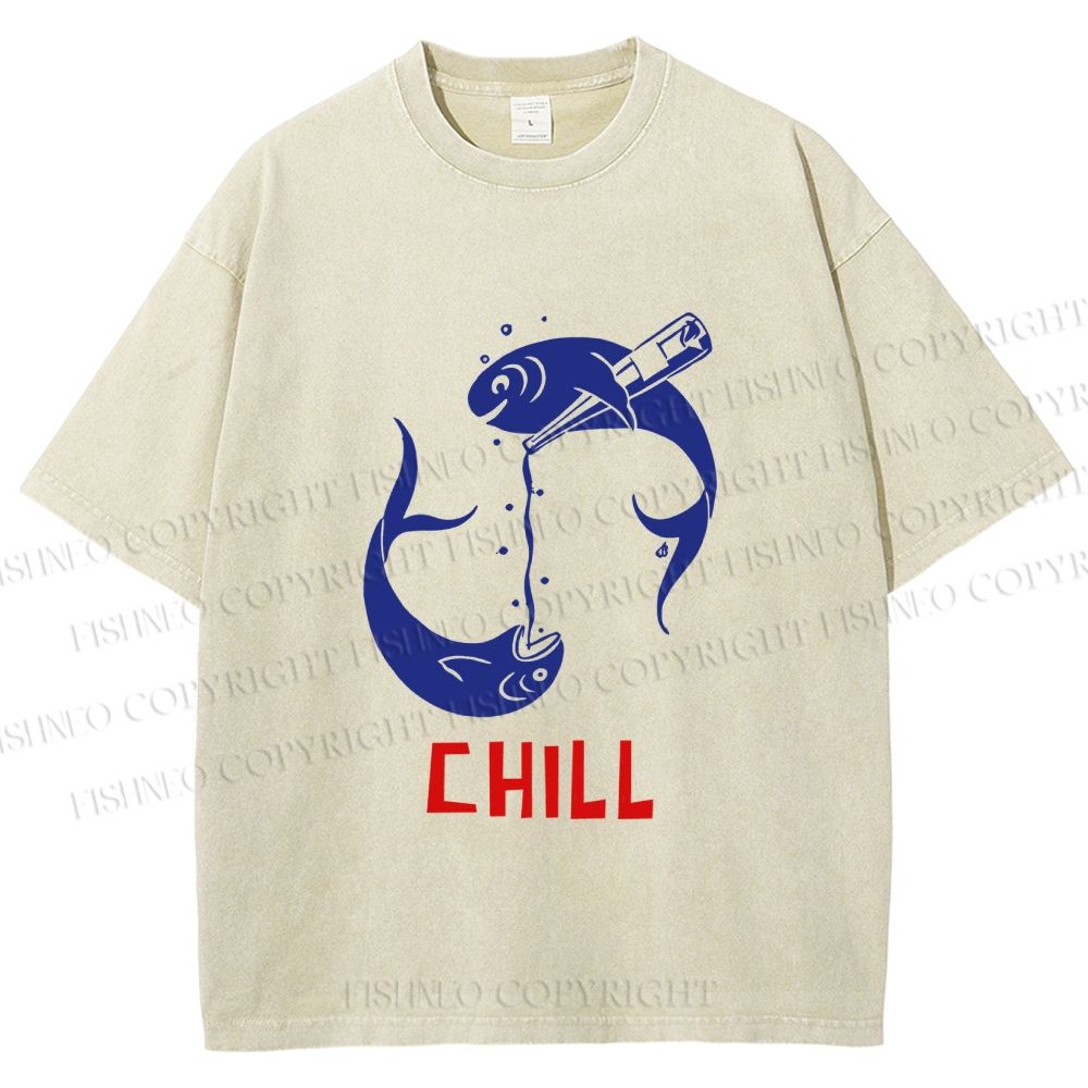 Unisex Chill Drinking Sardine Fish Printed Washed Tee