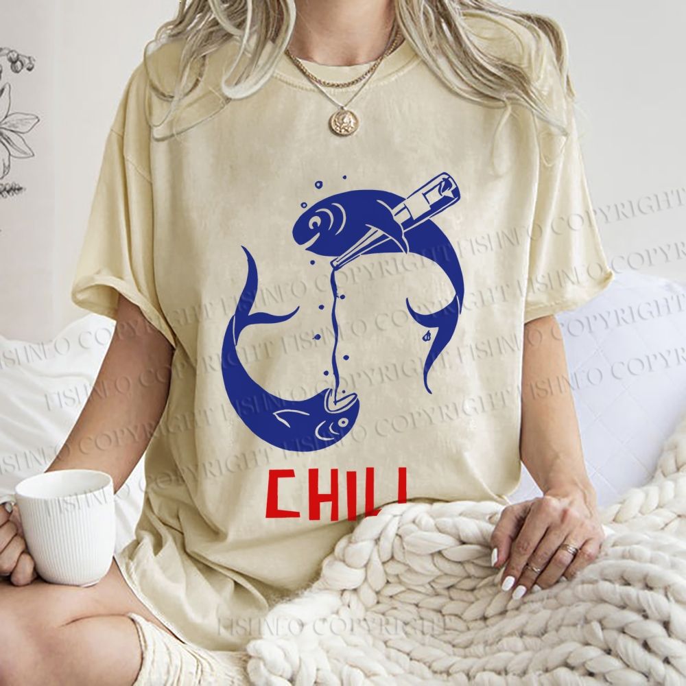 Unisex Chill Drinking Sardine Fish Printed Washed Tee