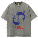 Unisex Chill Drinking Sardine Fish Printed Washed Tee