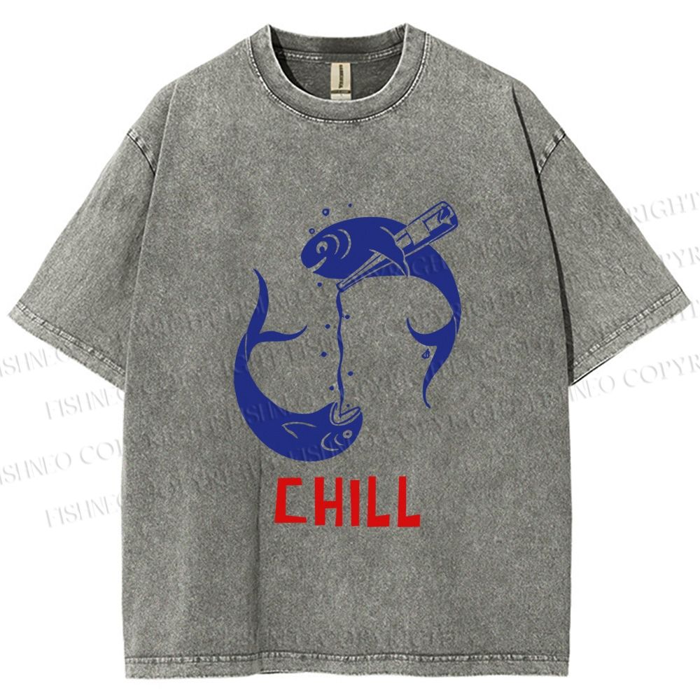 Unisex Chill Drinking Sardine Fish Printed Washed Tee