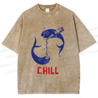 Unisex Chill Drinking Sardine Fish Printed Washed Tee