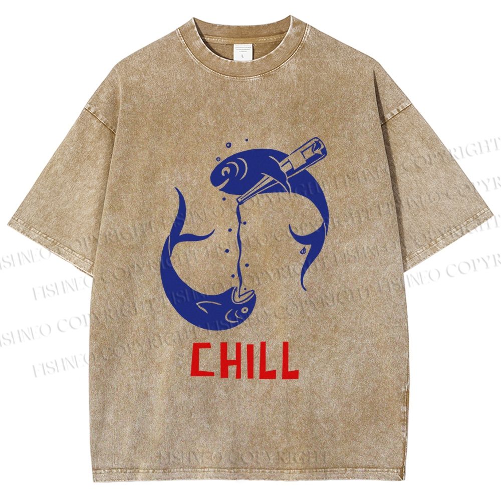 Unisex Chill Drinking Sardine Fish Printed Washed Tee