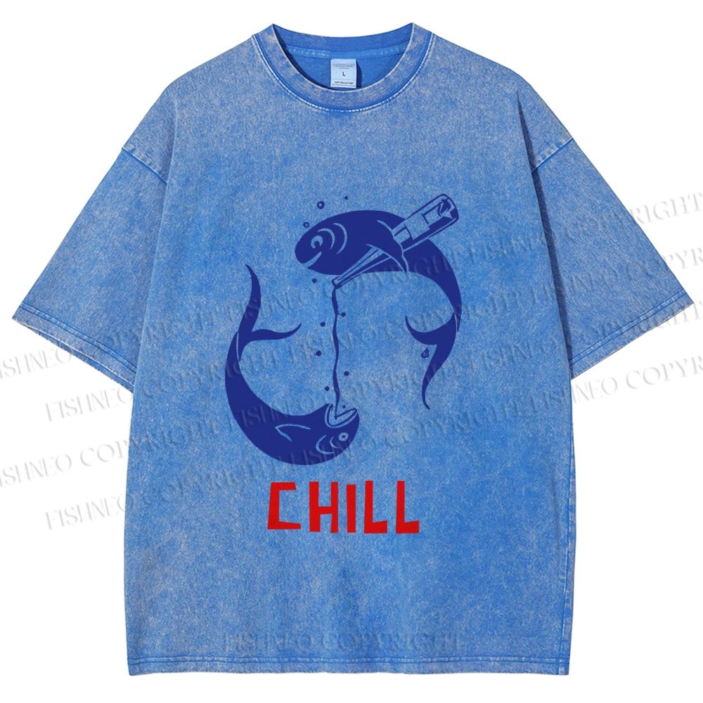 Unisex Chill Drinking Sardine Fish Printed Washed Tee