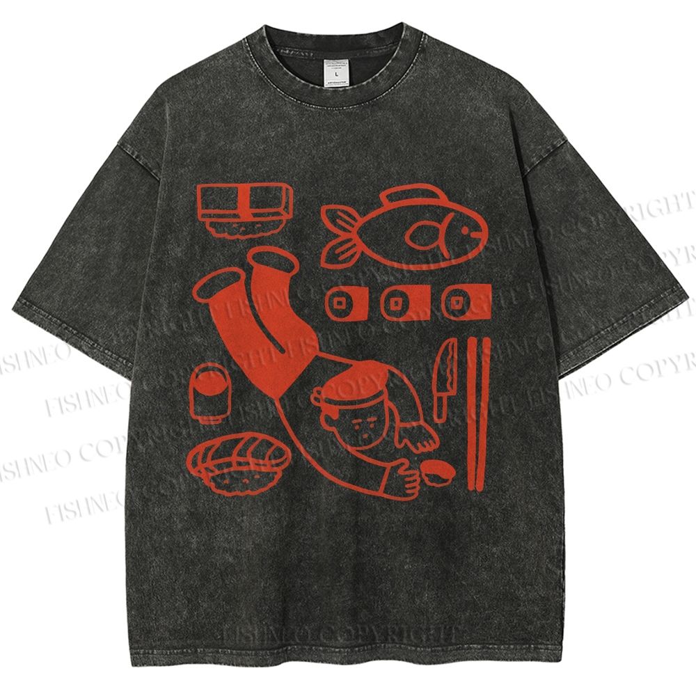 Unisex Sushi Fish Printed Washed Tee