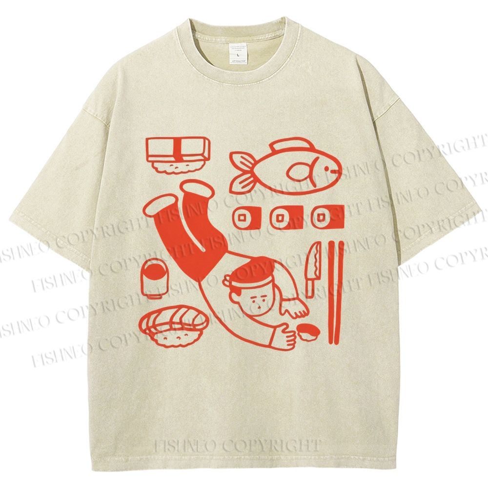 Unisex Sushi Fish Printed Washed Tee