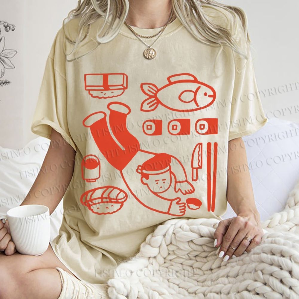 Unisex Sushi Fish Printed Washed Tee