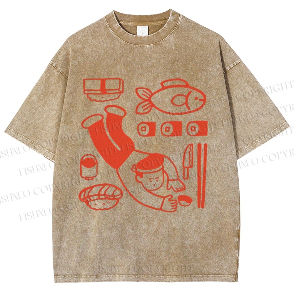 Unisex Sushi Fish Printed Washed Tee