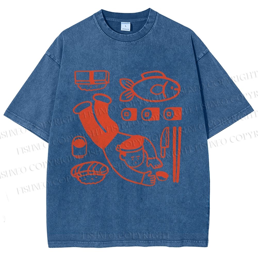 Unisex Sushi Fish Printed Washed Tee
