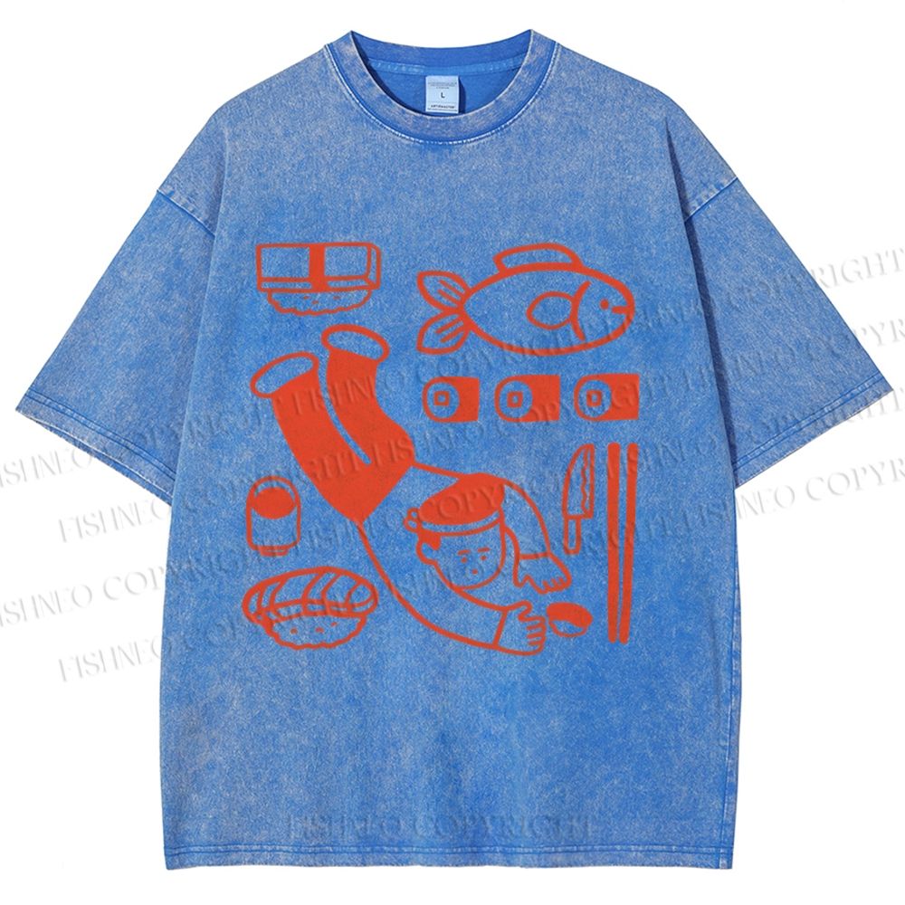 Unisex Sushi Fish Printed Washed Tee