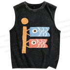 Unisex Japanese Fish Kite Printed Washed Tank Top