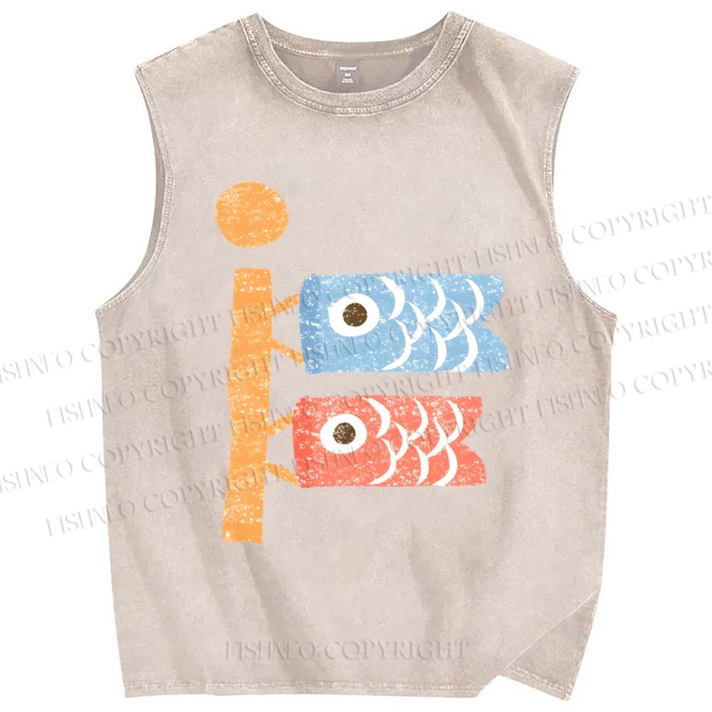 Unisex Japanese Fish Kite Printed Washed Tank Top