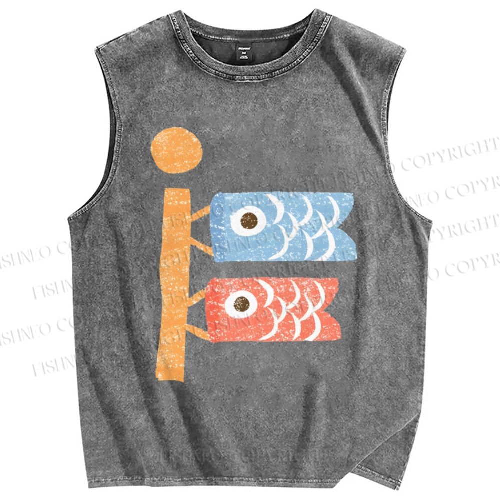 Unisex Japanese Fish Kite Printed Washed Tank Top