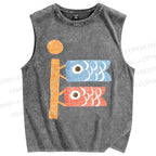 Unisex Japanese Fish Kite Printed Washed Tank Top