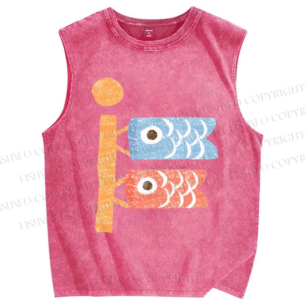 Unisex Japanese Fish Kite Printed Washed Tank Top