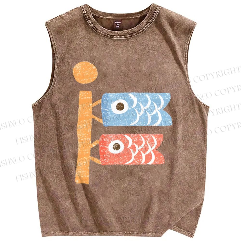 Unisex Japanese Fish Kite Printed Washed Tank Top