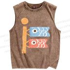 Unisex Japanese Fish Kite Printed Washed Tank Top