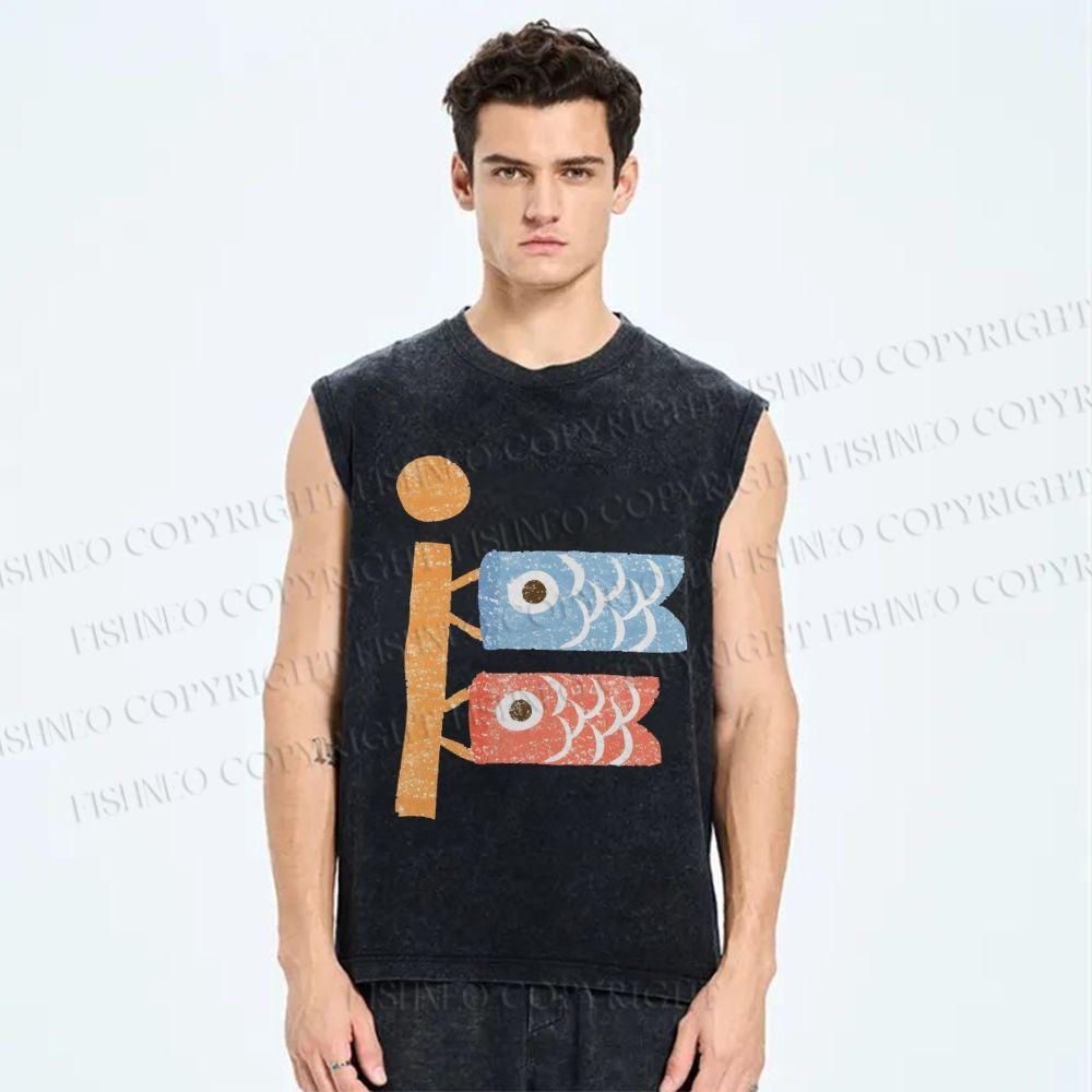 Unisex Japanese Fish Kite Printed Washed Tank Top
