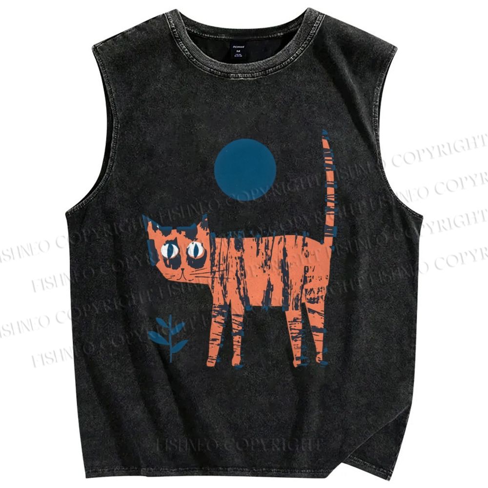 Unisex Artistic Cartoon Cat Printed Washed Tank Top