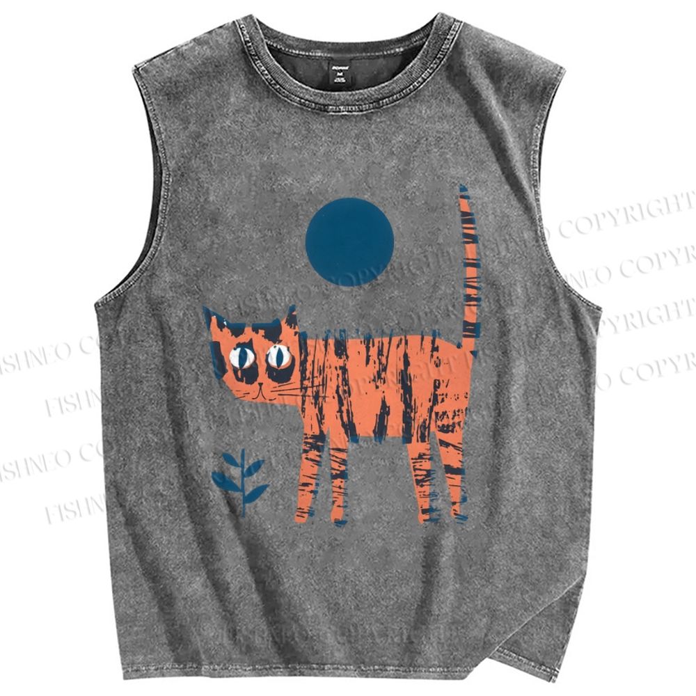 Unisex Artistic Cartoon Cat Printed Washed Tank Top