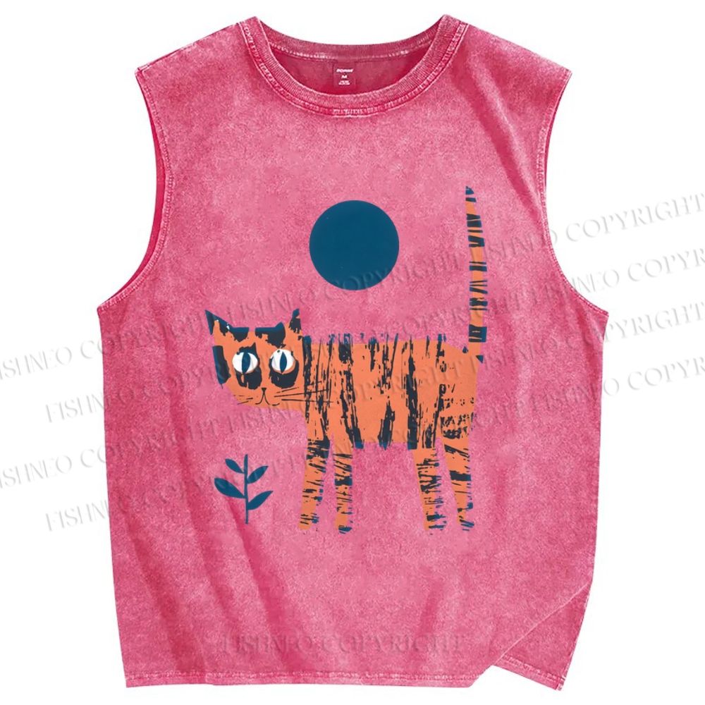 Unisex Artistic Cartoon Cat Printed Washed Tank Top