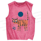 Unisex Artistic Cartoon Cat Printed Washed Tank Top