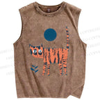 Unisex Artistic Cartoon Cat Printed Washed Tank Top