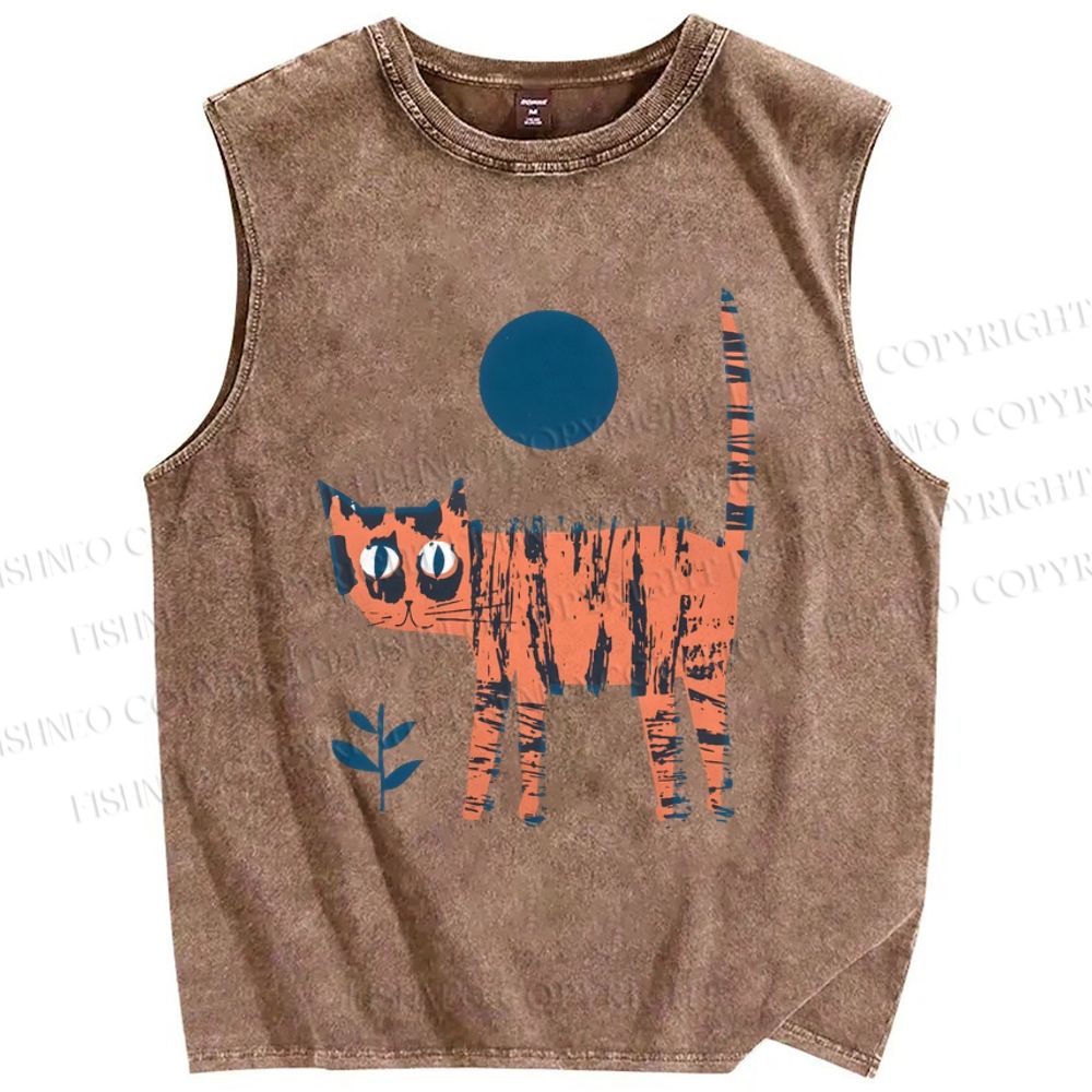 Unisex Artistic Cartoon Cat Printed Washed Tank Top