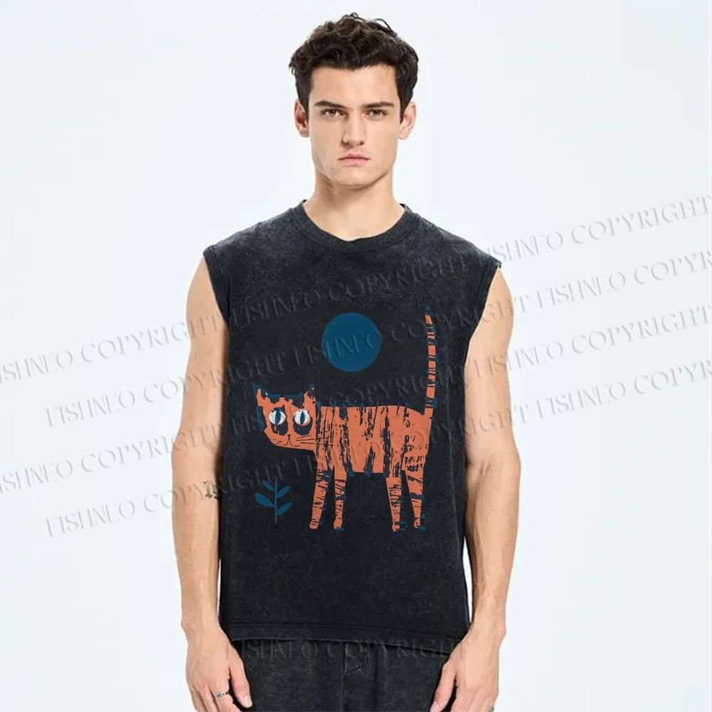 Unisex Artistic Cartoon Cat Printed Washed Tank Top