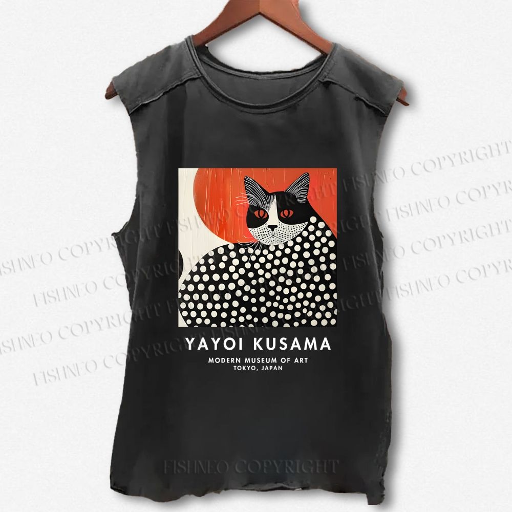 Unisex Yayoi Kusama Cat Printed Washed Tank Top