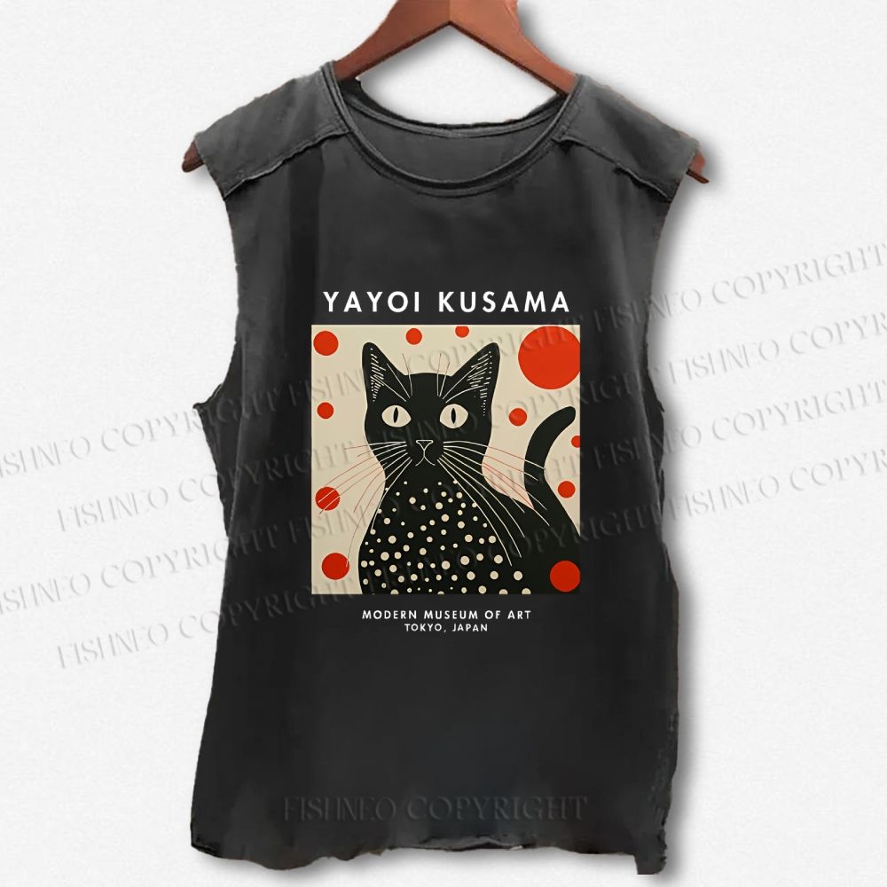 Unisex Yayoi Kusama Cat Printed Washed Tank Top