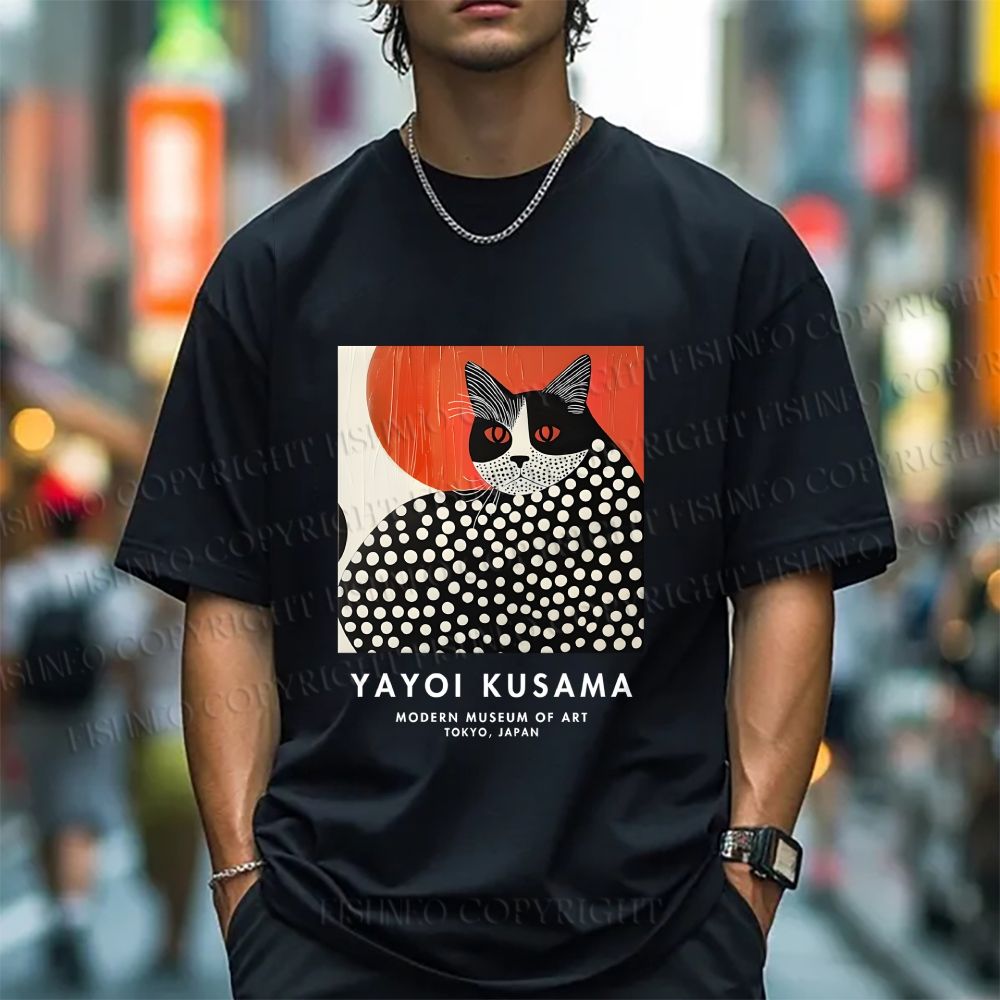 Unisex Yayoi Kusama Cat Printed Classic Cotton T-shirt