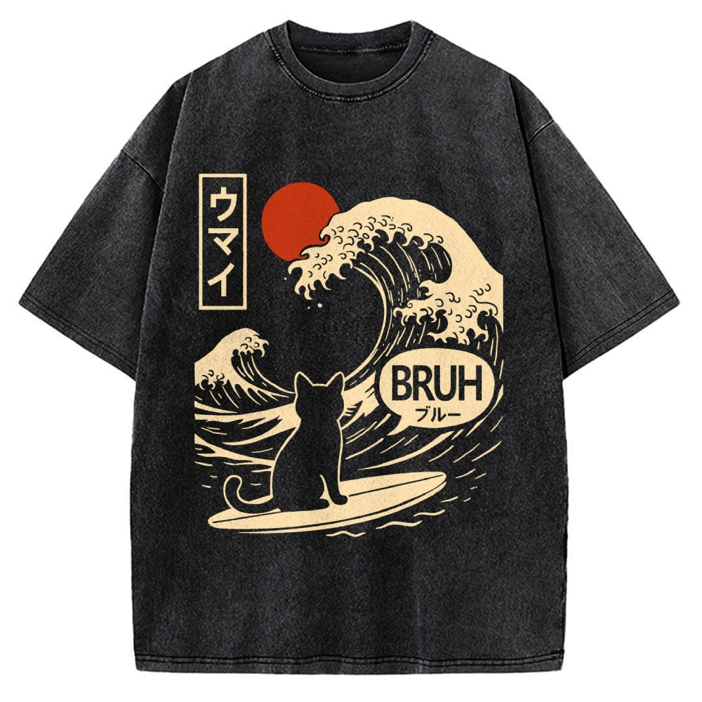 Great Wave Cat Vintage Washed T-shirt