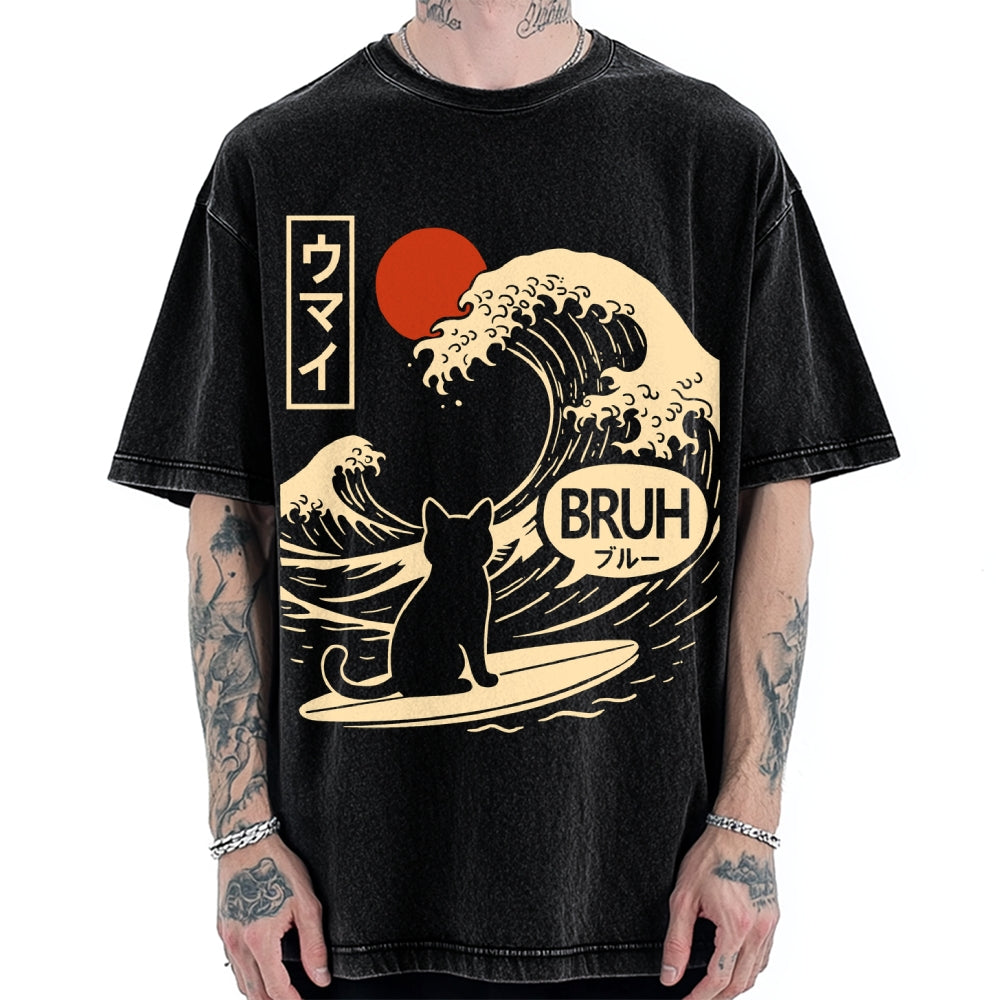 Great Wave Cat Vintage Washed T-shirt