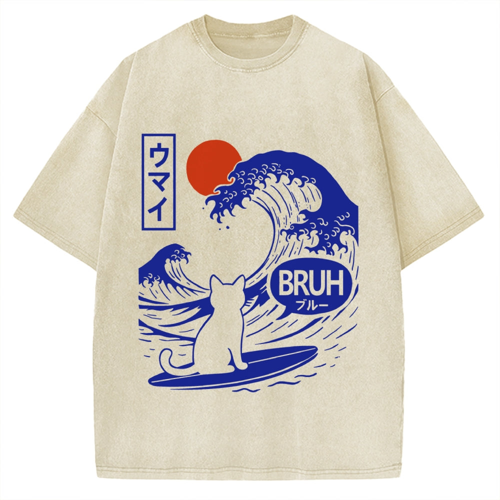 Unisex Great Wave Cat Vintage Washed T-shirt