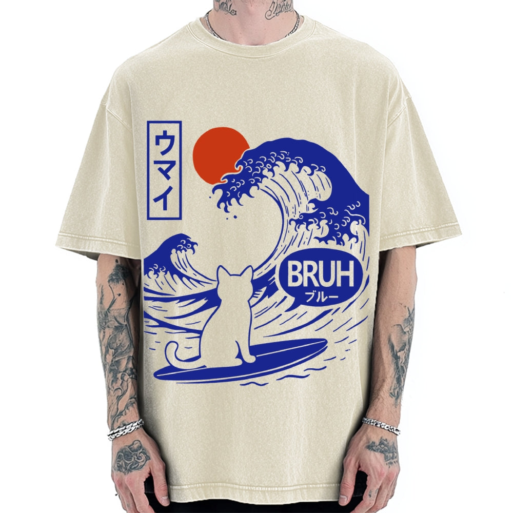 Great Wave Cat Vintage Washed T-shirt