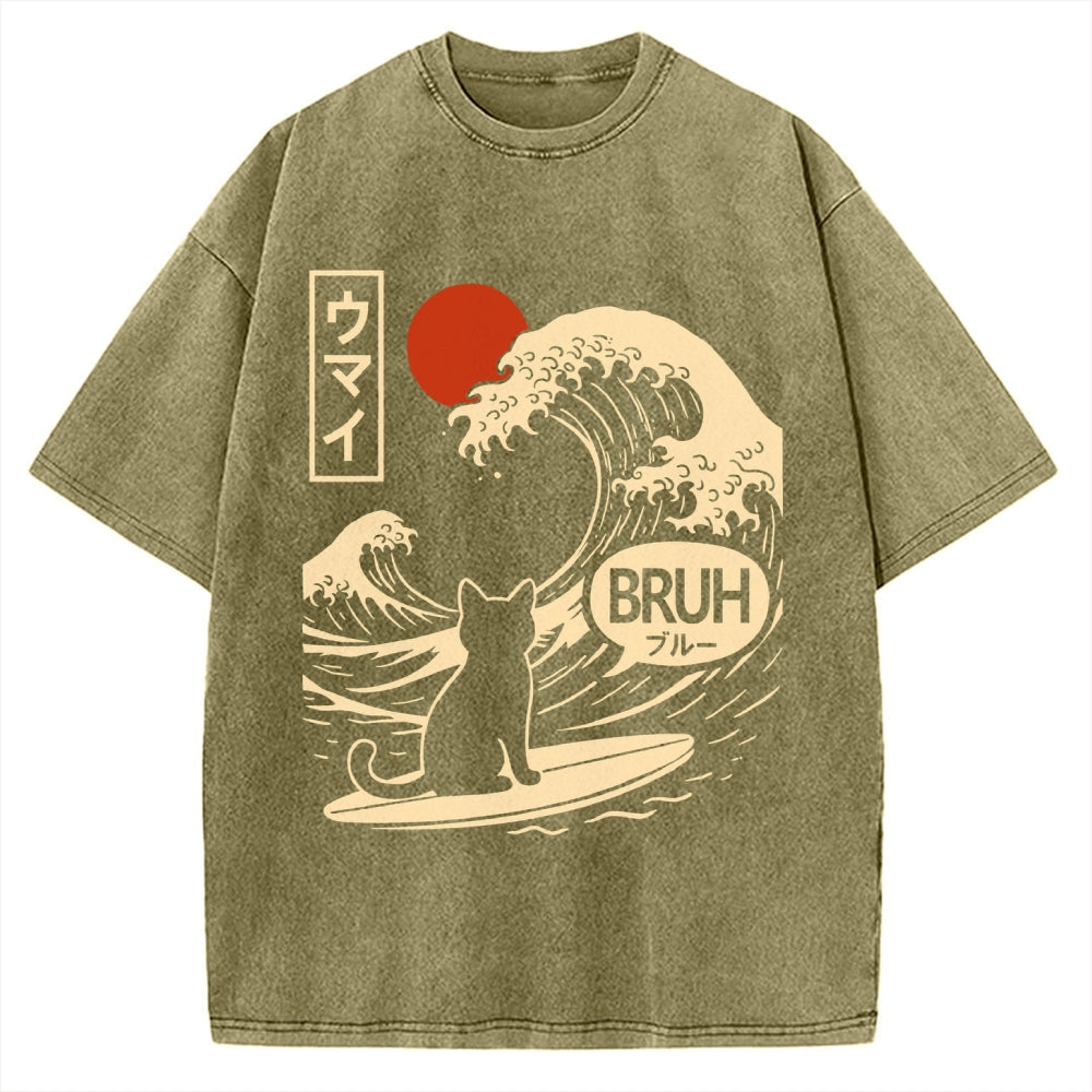 Unisex Great Wave Cat Vintage Washed T-shirt