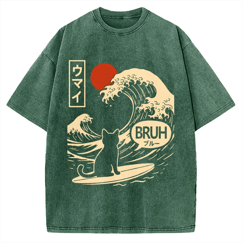 Great Wave Cat Vintage Washed T-shirt