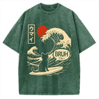 Unisex Great Wave Cat Vintage Washed T-shirt