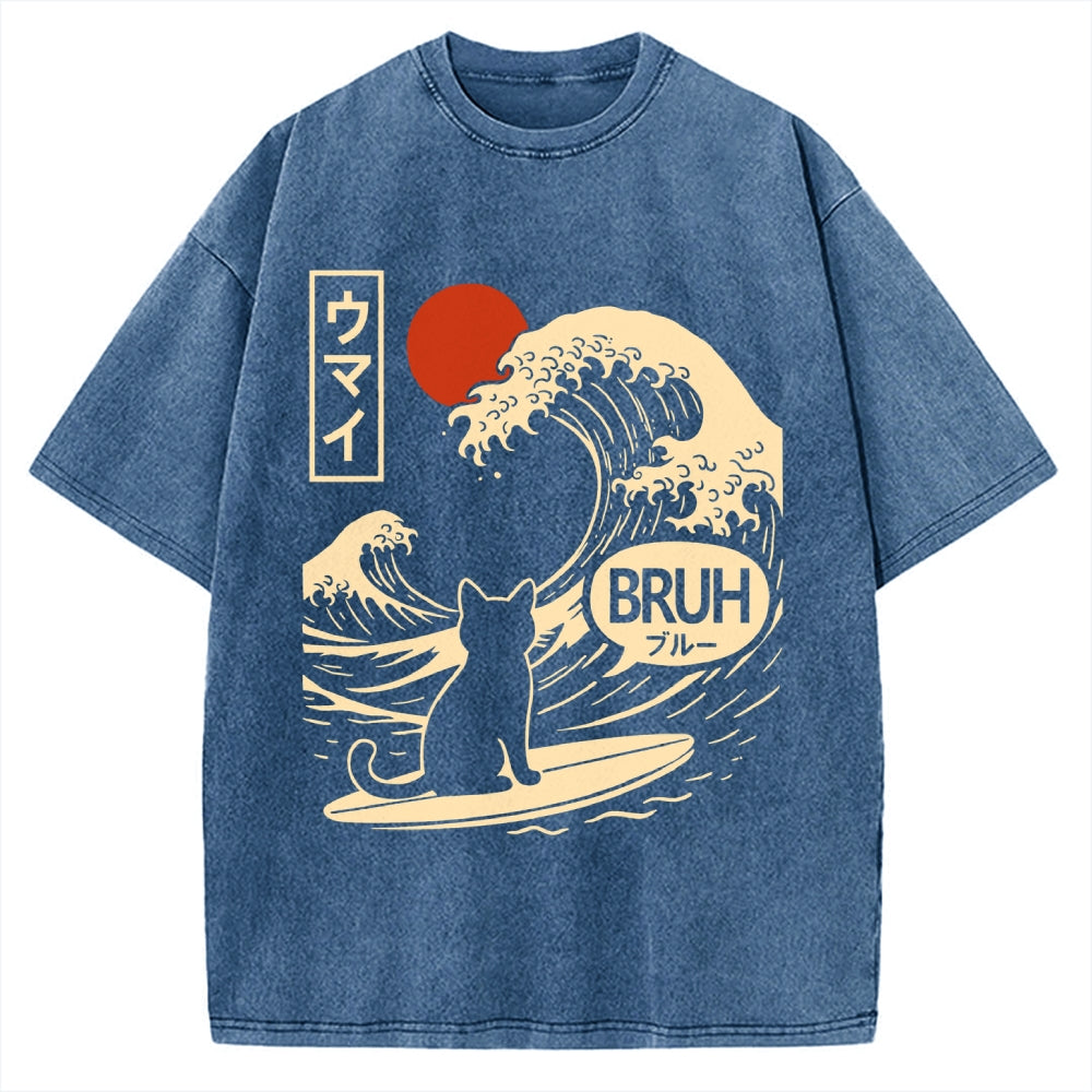 Great Wave Cat Vintage Washed T-shirt