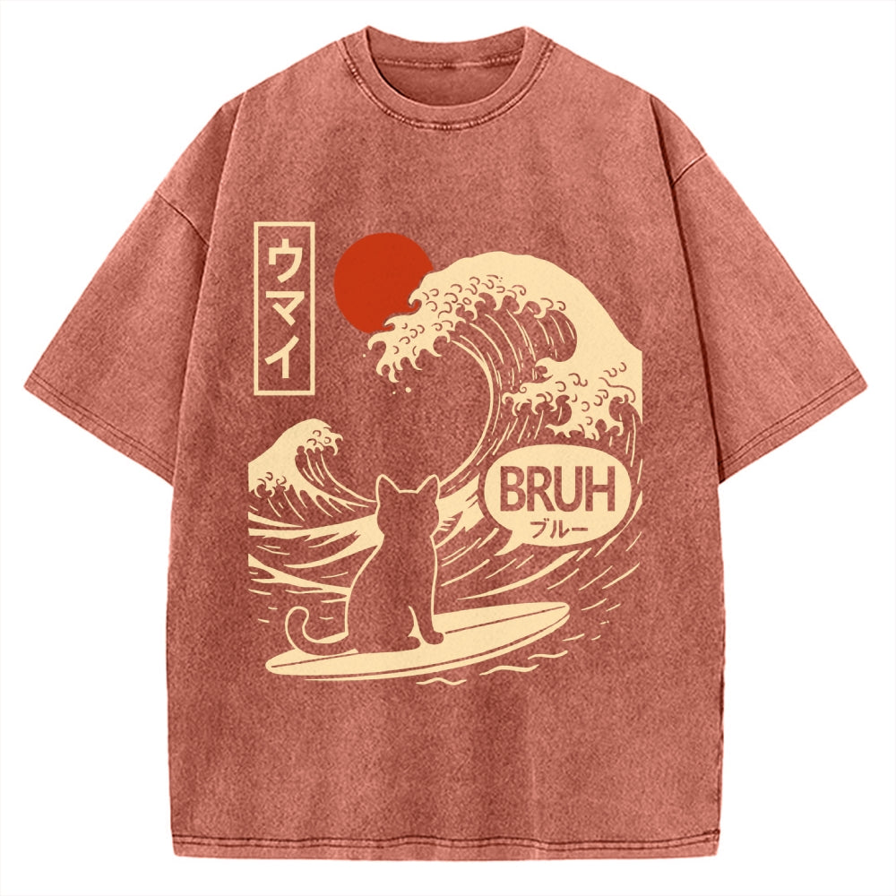 Unisex Great Wave Cat Vintage Washed T-shirt