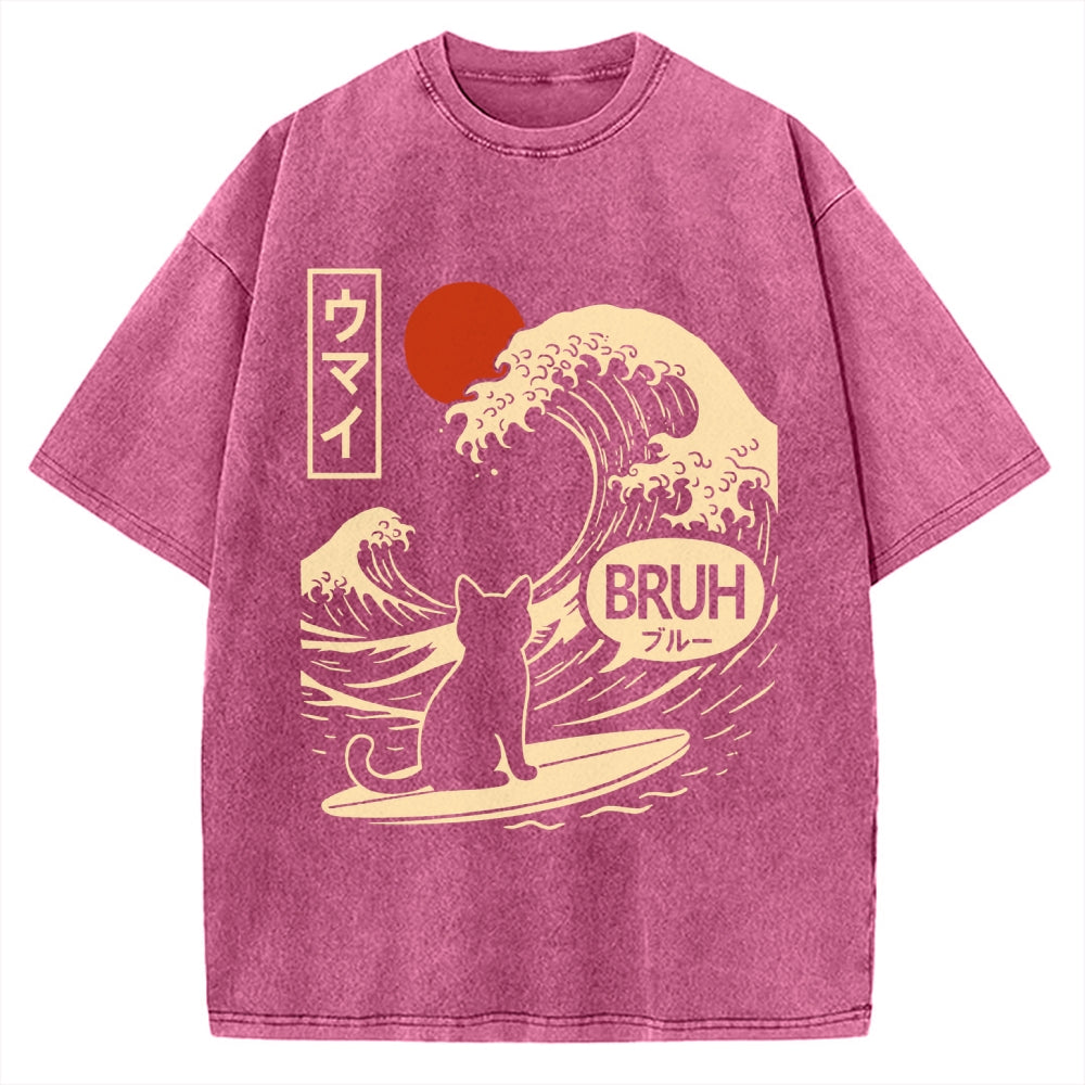 Unisex Great Wave Cat Vintage Washed T-shirt