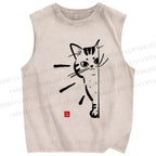 Unisex Cat Printed Washed Tank Top