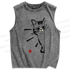 Unisex Cat Printed Washed Tank Top