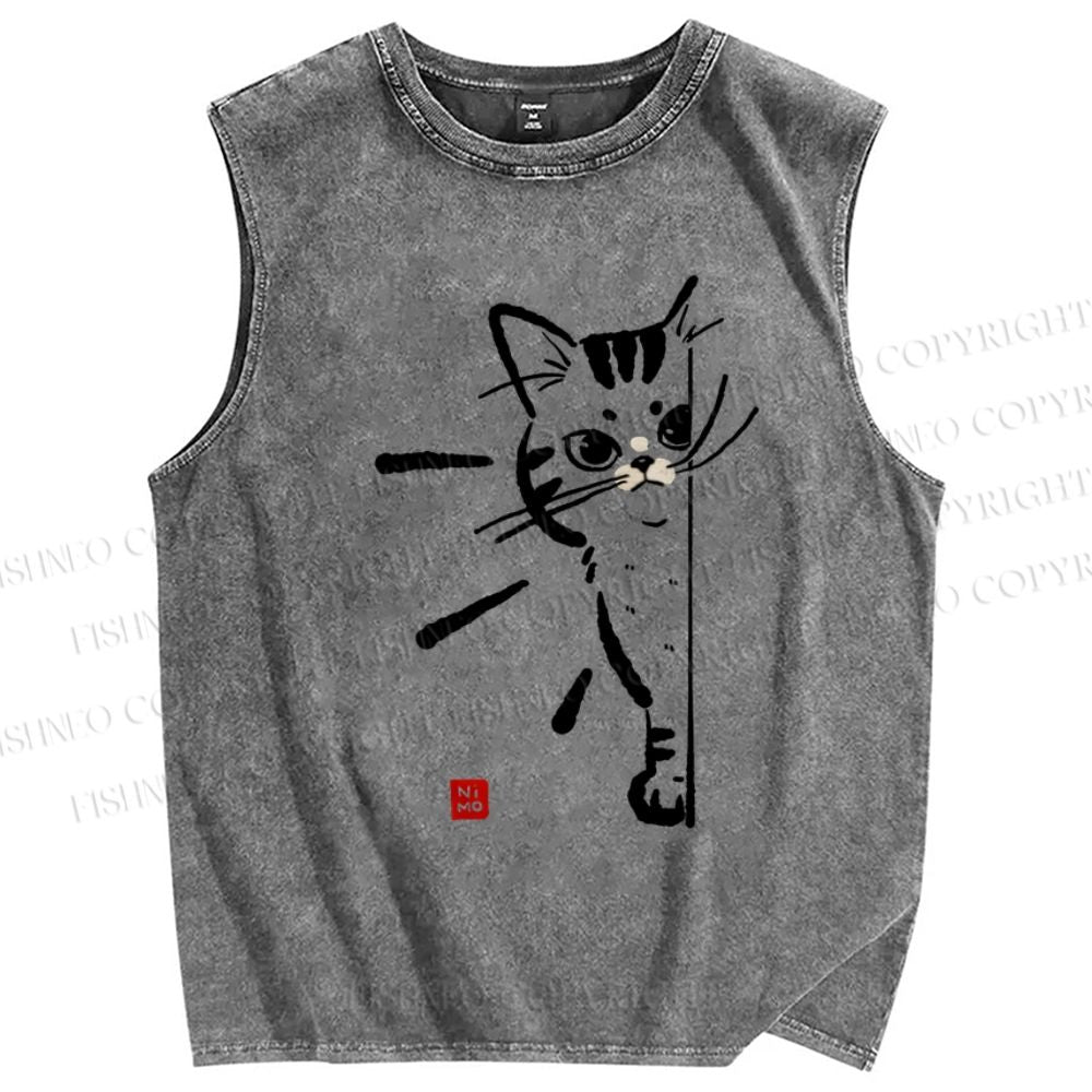 Unisex Cat Printed Washed Tank Top